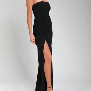 Strapless long black dress with slit/ ruched side